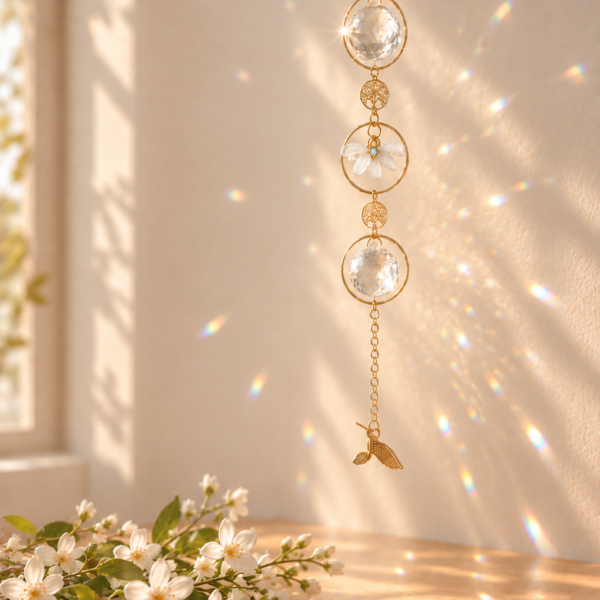 Attrape soleil en cristal, fleur blanche, petit colibri.
