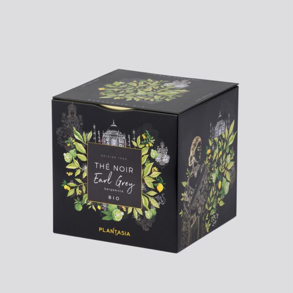 Thé noir Earl Grey bio, coffret de 24 sachets dans une boite en métal déco