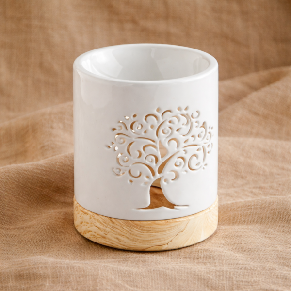 Brûle-parfum arbre de vie en céramique laqué blanc pour huiles essentielles ou fondants