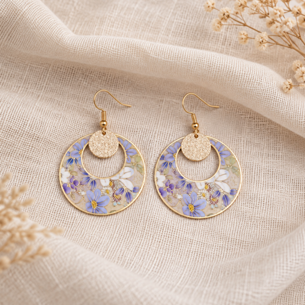 Boucles d'oreilles créoles fleuries mauves