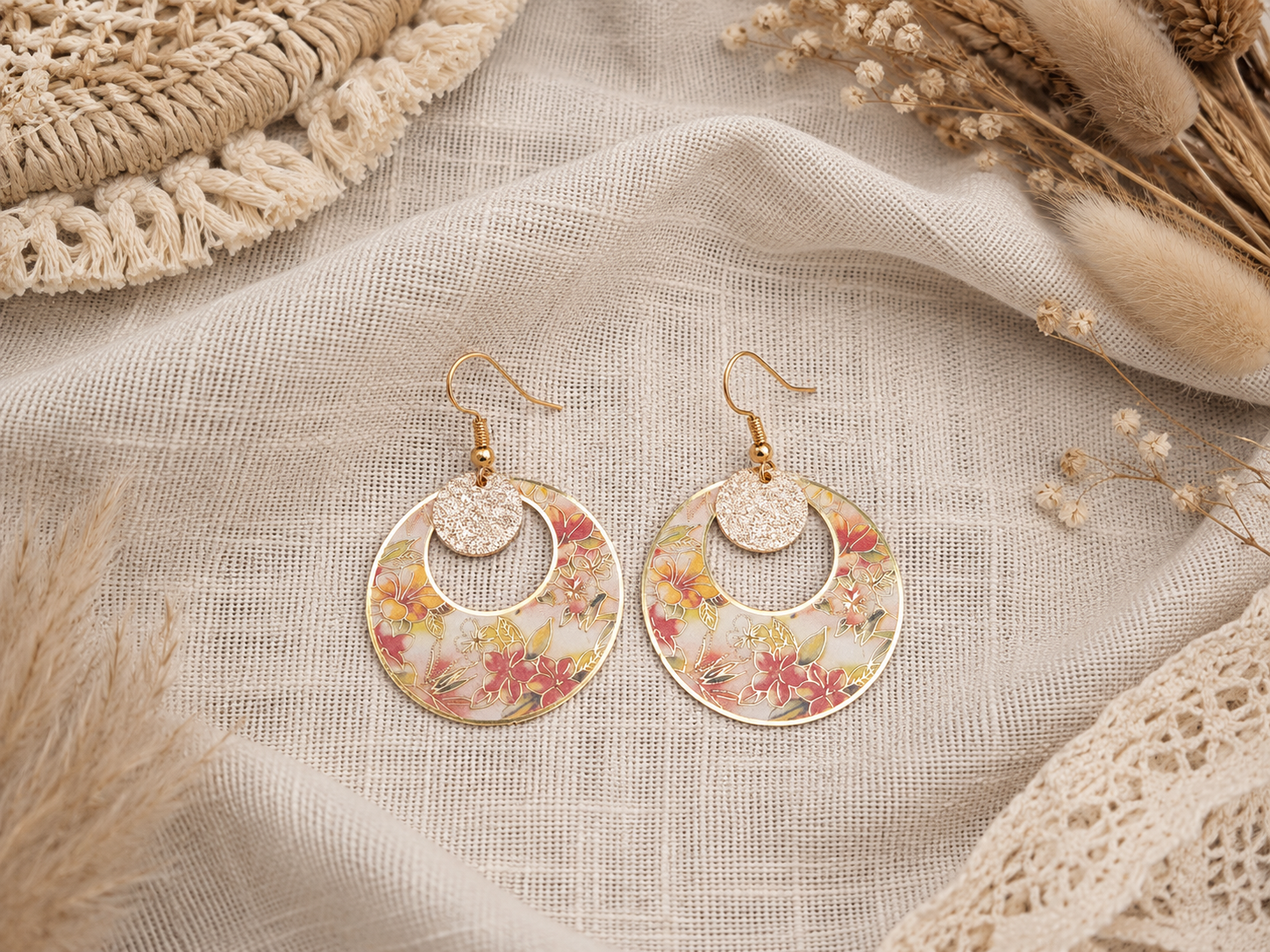 Boucles d'oreilles créoles fleuries bohème